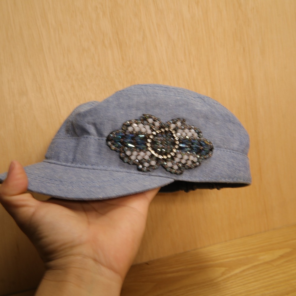 Womens Blue Chambray Cadet Cap Beaded Floral Medallion Military Style Hat OS - Picture 3 of 4